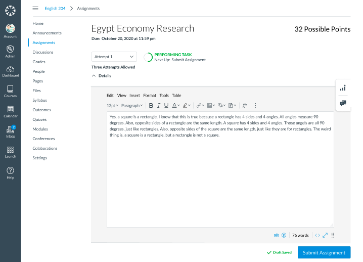 Student view of an assignment showing the Submit Assignment button